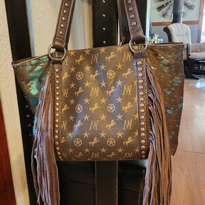 MONTANA WEST Teal Metallic Calf Hair w/ Fringe LoGo Tote